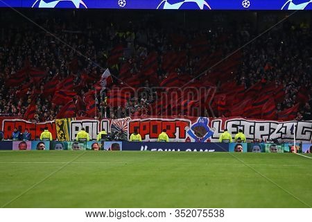 LONDON, ENGLAND. 19 FEBRUARY 2020. RB Leipzig fans during the UEFA Champions League match between Tottenham Hotspur and RB Leipzig, at The Tottenham Hotspur Stadium, London England.