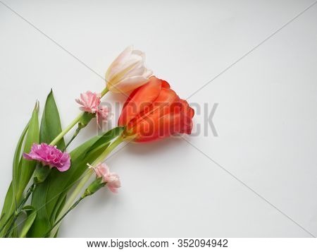 Bouquet Of Flower Isolated On White Background. Top View. Copy Space
