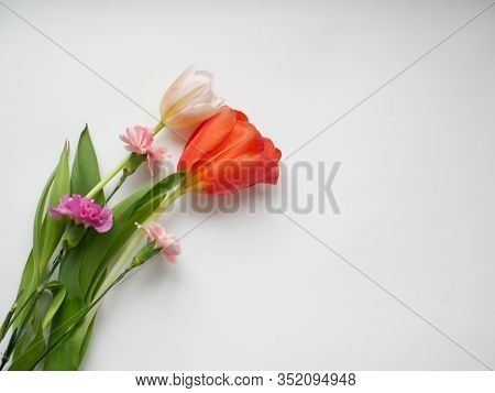 Bouquet Of Flower Isolated On White Background. Top View. Copy Space