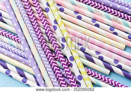 Colorful Paper Drinking Straws On A Blue Background. Zero Waste Sustainable Living, Plasticfree Conc