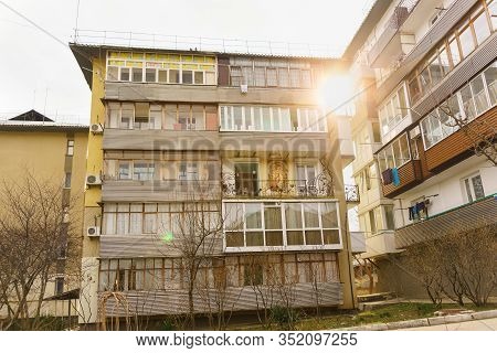 Novy Svet, Crimea, Russia-march 09, 2019: Residential Five-storey Houses On Shalyapin Street In The 