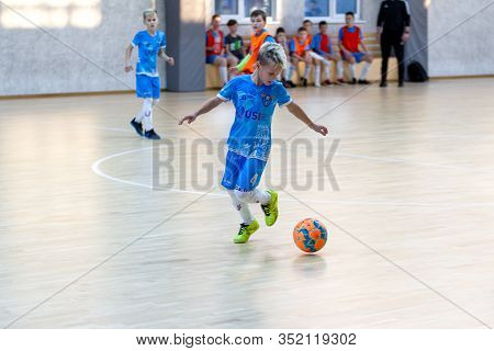 Odessa, Ukraine- Febr 17, 2020: Little Boys, Children Play Mini Football In Sports Hall At Sports Ci