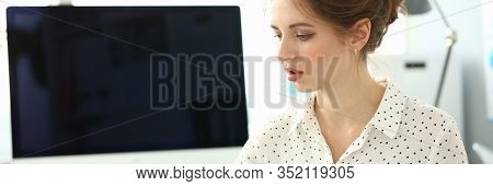Portrait Of Smart Lady Sitting In Big Modern Office In Trendy White Bluse And Talking With Friendly 