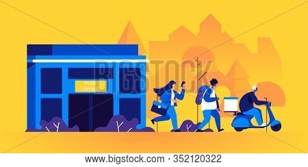 Post Office Building And Postmen, Mailmen Or Messengers Delivering Parcels Or Packages. Couriers Wal