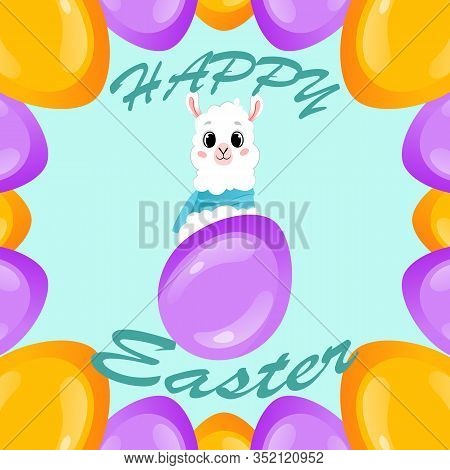 Template Of Happy Easter Postcard. Paschal Egg And Cute White Lamb With Easter Ornate.greeting Inscr