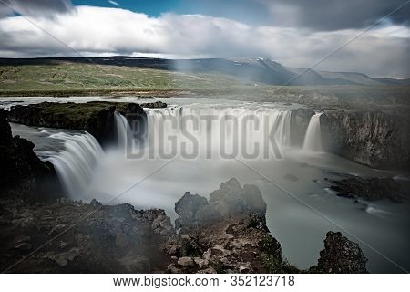 Godafoss Waterfall In Iceland, Summer Natural Travel Background