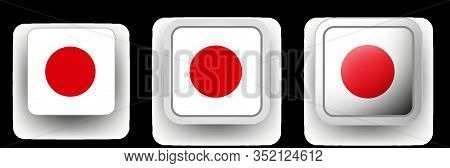 Set Of 3 Japan Vector Labels Square Button Shield, Flat And Volumetric Style In Flag Colors Red, Whi