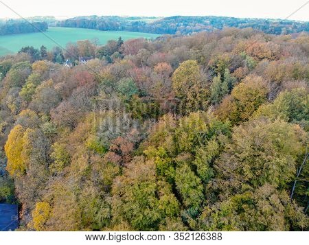 Aerial View Of Forest During Autumn Season And Colors In The Countryside Of Walloon Brabant. Belgium