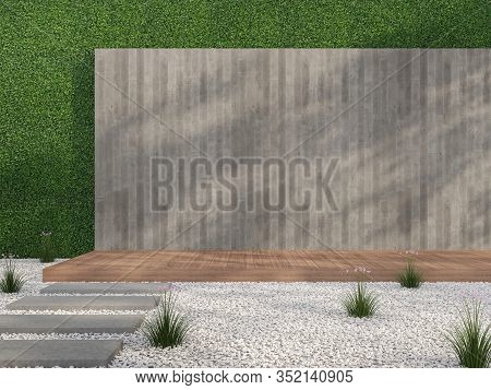 Empty Loft Style Wall In The Garden 3d Render,there Are White Stone Ground,wooden Terrace,blank Conc
