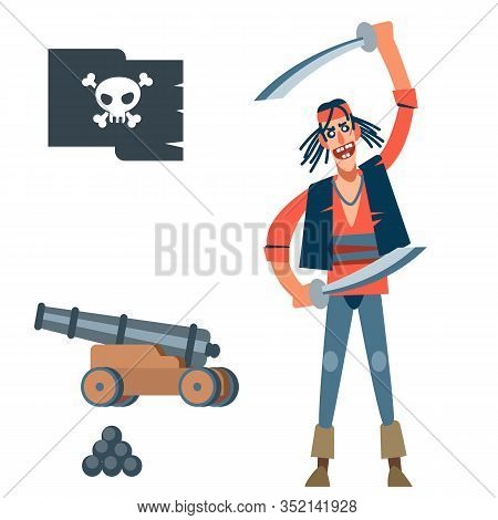 A Thin, Wiry Pirate In A Red Shirt In A Fighting Spirit. Vector Illustration Of Flat Cartoon On Whit