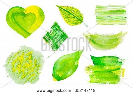 Set Of Fresh Green Hand Drawn Watercolor Design Elements, Splases, Stains, Dabs, Leaf, Heart, Isolat