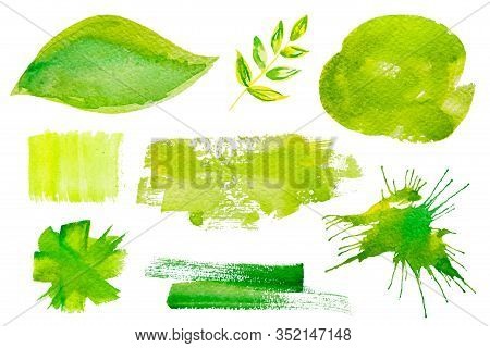 Set Of Fresh Green Hand Drawn Watercolor Design Elements, Splases, Stains, Dabs, Branch, Isolated On