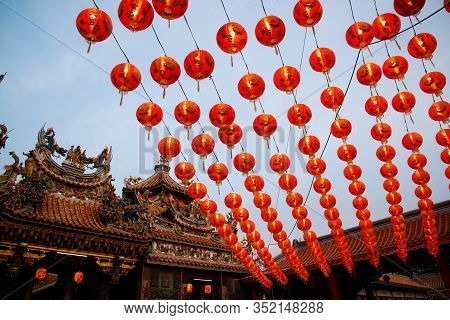 Samut Prakan, Thailand - February 9, 2020 : The Beautiful Red Lantern In Lantern Festival At Shire F