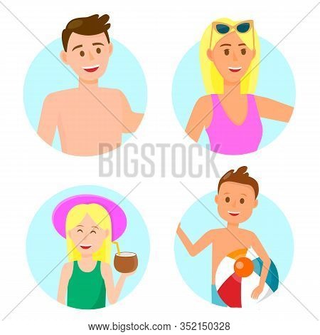 Happy Family With Children Wearing Beach Clothing Round Icons Isolated On White Background. Father, 