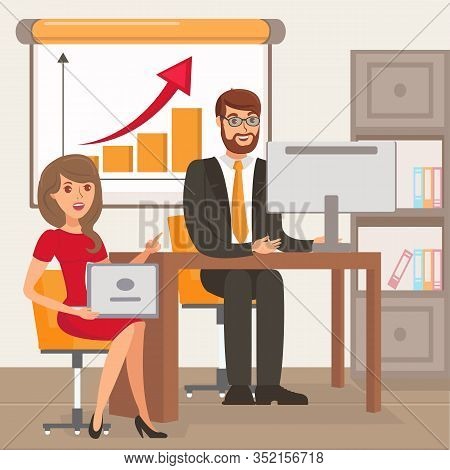 Entrepreneur And Personal Assistant Illustration. Businessman With Secretary Sitting On Chairs Carto
