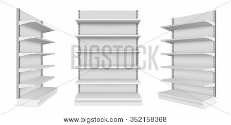 Set Of Realistic Supermarket Showcase With Shelves. Vector Mockup Of Market Or Mall Counter For Reta