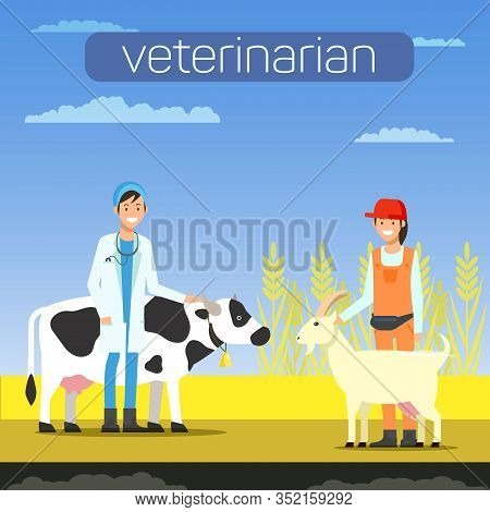 Man Veterinarian With Cow And Woman With Goat. Search For Colleagues. Man In White Coat. Vector Illu