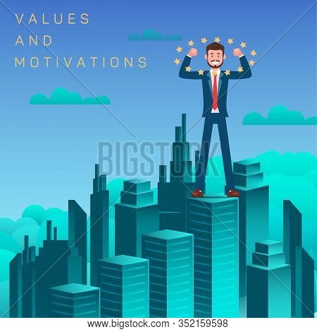 Values And Motivation Flat Vector Banner Template. Successful Men, Winner On Skyscraper Top. Achievi