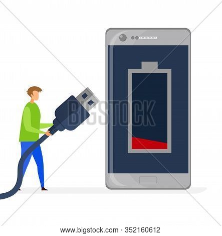 Phone Low Charge Level Flat Vector Illustration. Tiny Man Holding Usb Cable Cartoon Character. Empty