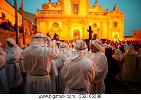 Leonforte, Sicily - April, 19: Christian Brethren During The Traditional Good Friday Procession On A
