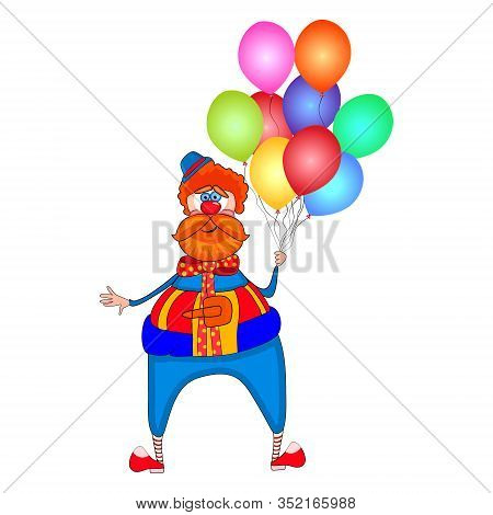 Clown With Colorful Balloons Isolated On White Background. Red Nose Day. Circus Clown Cartoon Charac