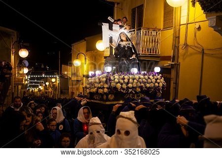 Leonforte, Sicily - April, 19: Christian Brethren During The Traditional Good Friday Procession On A