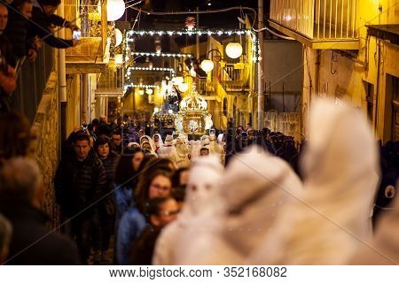 Leonforte, Sicily - April, 19: Christian Brethren During The Traditional Good Friday Procession On A
