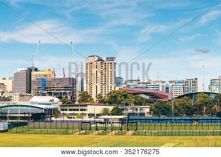 Adelaide, Australia - August 4, 2019: City Center Skyline View With New Skycity Casino Under Constru