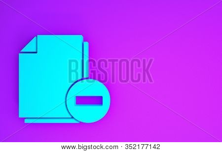 Blue Document With Minus Icon Isolated On Purple Background. Clear Document. Remove File Document. D
