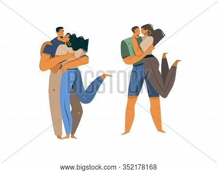Hand Drawn Vector Stock Abstract Graphic Love Illustrations Collection Set With Young Romantic Kissi