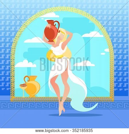 Greek Goddess Of Beauty And Love Aphrodite Wearing White Tunic Holding Clay Jug On Shoulder Stand In