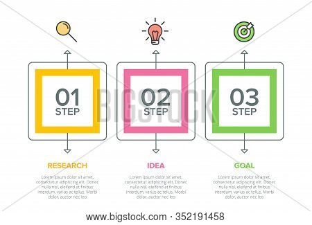 Concept Of Arrow Business Model With 3 Successive Steps. Three Colorful Design Elements. Timeline De