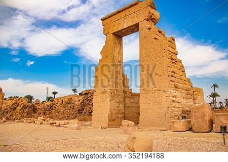 The Ruins Of The Beautiful Ancient Temple Of Dendera Or Hathor Temple. Egypt, Dendera, An Ancient Eg