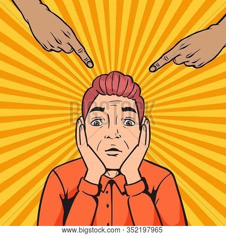 Pop Art Man Guilty Thief Or Robber With Pointing Hands On Him Vector Comic Illustration. Pop Art Ret