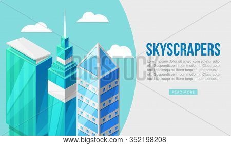 3d City With Skyscrappers Concept Vector Illustration Web Banner. Urban Background With Isometric Bl