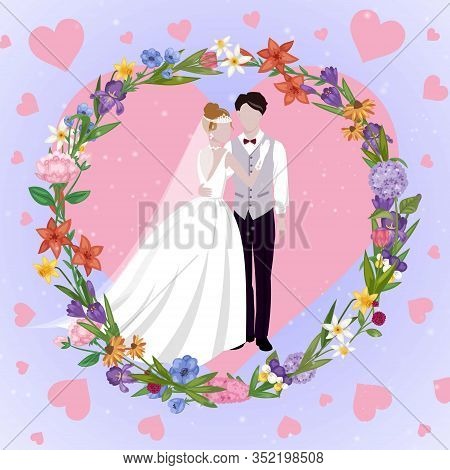 Wedding Couple Heart Card With Newly Married Weds Bride And Bridegroom Love Hearts Background Cartoo