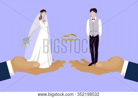 Wedding Couple Newly Married Weds Bride And Bridegroom Standing On Huge Human Hands Cartoon Vector I