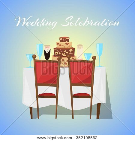 Wedding Celebration In Restaurant Banner With Ceremony And Gala Reception Vector Illustration. Weddi