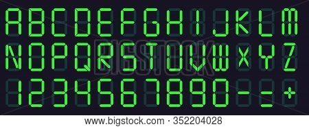 Digital Display Font. Alarm Clock Letters And Numbers, Electronic Alphabet And Retro Calculator Scre