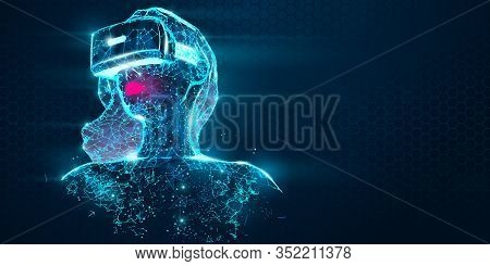 Vr Online Shopping. Polygonal Woman, Girl Wearing Virtual Reality Glasses, Helmet. Vr Headset Hologr