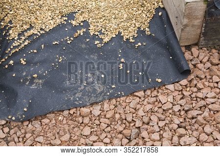 Hard Landscaping Materials - Aggregate, Weed Membrane And Gravel Used To Lay A Garden Path, Uk