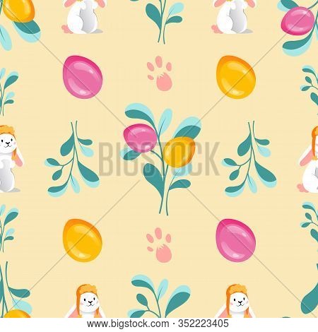 Happy Easter Postcard Seamless Pattern.seamless Pattern Of Multicolored Easter Eggs With Rabbit On T
