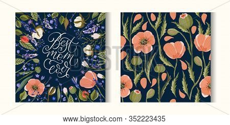 Best Mom Ever. Floral Greeting Card Vector Template. Frame With Hand Drawn Wild Field Poppy, Lavende