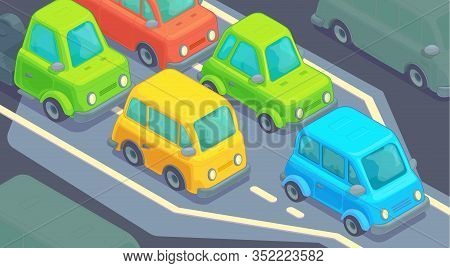 Bottleneck Traffic Jam. Road Dence Traffic On Motorway Or Highway. Different Car On Road.