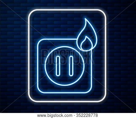 Glowing Neon Line Electric Wiring Of Socket In Fire Icon Isolated On Brick Wall Background. Electric