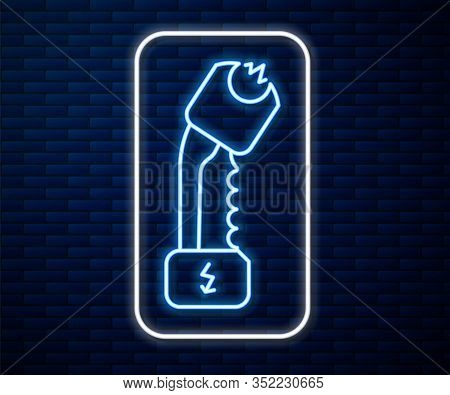 Glowing Neon Line Police Electric Shocker Icon Isolated On Brick Wall Background. Shocker For Protec