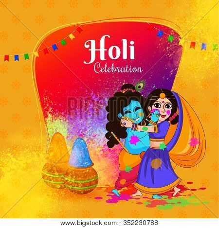 Holi Celebration With Lord Of Love Lord Krishna And Radha. Indian Festival Of Colors.