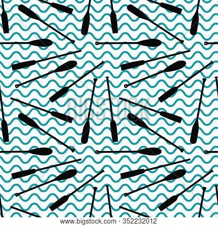 Seamless Pattern With Oars Paddle Silhouette On Waves Background. Printble Repeat Ornament For Home 