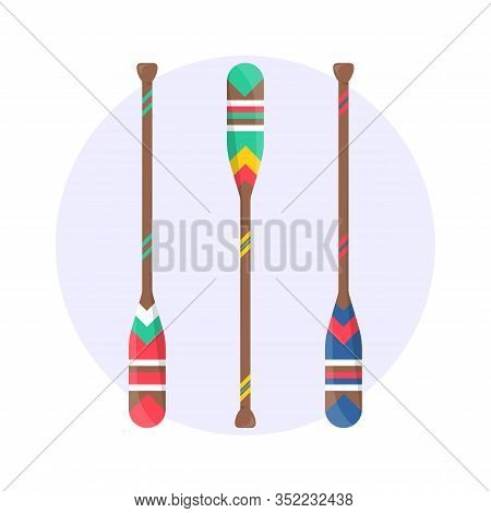 Set Of Cute Oar Paddle Boat In Modern Flat Style. Isolated Wood Kayak Symbol. Lumbar Sign For Fabric