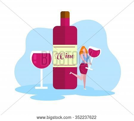 Cheerful Woman With Glass Red Wine Bottle. Red Wine. Grow Organic Grapes. Produce Wine. Vector Illus